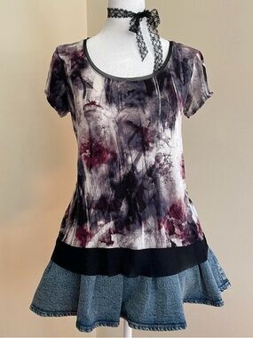 Y2K twilight watercolor floral goth fairy babydoll top sheer black mesh S-M